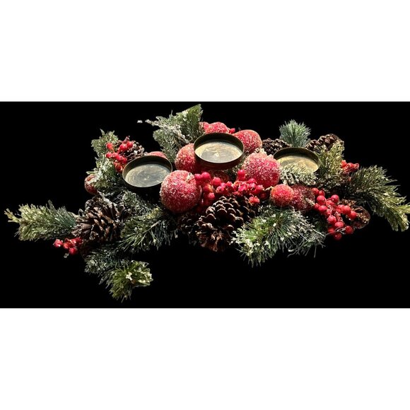 Vtg MCM Sugared Fruit Pinecone & Pine Needle Centerpiece Pillar Candle Holders - Picture 1 of 11